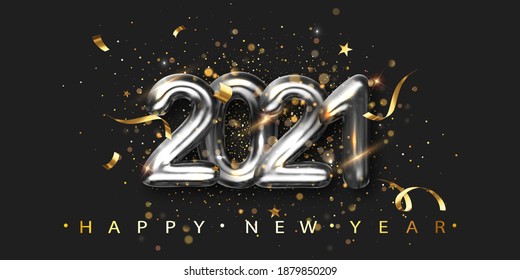 New Years 2021. Greeting card with date and glitter gold confetti on black background. Silver metallic numbers Vector illustration.