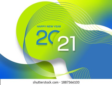 New Years 2021. Greeting card with modern geometric abstract blue and green gradient background.