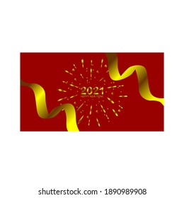 New Years 2021. Greeting card with date and ribbon on red background