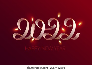 New Years 2022. Calligraphic inscription. White ribbon with garland on red background.