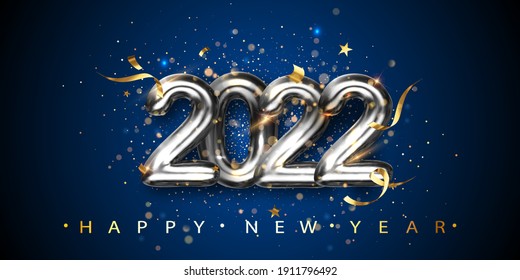 New Years 2022. Greeting card with date and glitter gold confetti on dark blue background. Silver metallic numbers Vector illustration. EPS 10