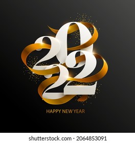 New Years 2022. Greeting Card With Date And Ribbon On Black Background