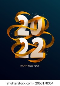 New Years 2022. Greeting card with date and ribbon on dark background