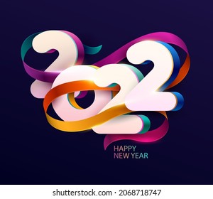 New Years 2022. Greeting card with multicolored numbers and ribbons. Bright festive design.