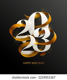 New Years 2023. Greeting card with date and golden ribbon on black background. Festive lettering design.