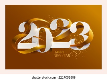 New Years 2023. Greeting card design with date and ribbon on black background. Elegant lettering design. 	