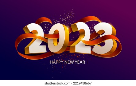 New Years 2023. Greeting card with date and ribbon on dark background. Modern elegant numbering design.