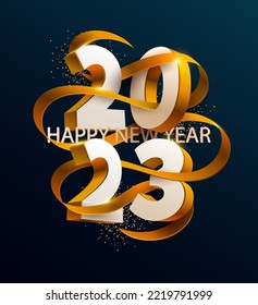 New Years 2023. Greeting poster with numbers and golden ribbon on dark background.