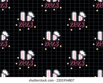 New years 2023 seamless pattern on black background.  Pixel style
