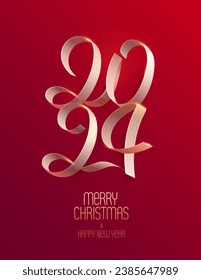 New Years 2024. Christmas calligraphic inscription. White ribbon on red background. Classic elegant numbering design. The image was created without the use of any form of AI.