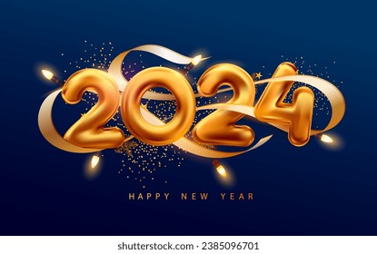 New Years 2024. Christmas greeting card design with golden numbers, ribbon and garland. Realistic vector illustration. The image was created without the use of any form of AI.