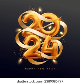 New Years 2024. Christmas greeting card design with golden numbers, ribbon and garland. Realistic vector illustration. The image was created without the use of any form of AI.