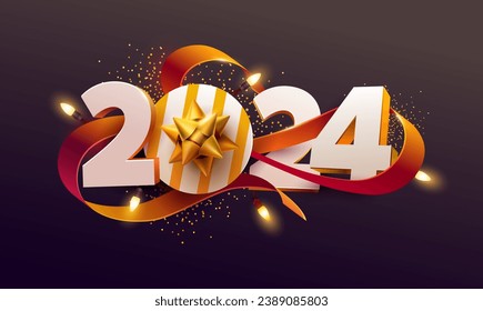 New Years 2024. Christmas greeting card design with date, ribbon and gift box. Realistic vector illustration. The image was created without the use of any form of AI.