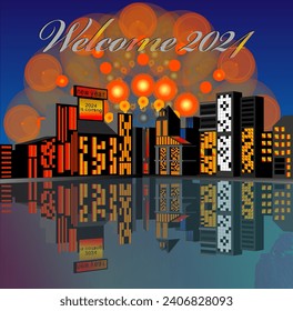 New years 2024 City Perspective Background Vectorr