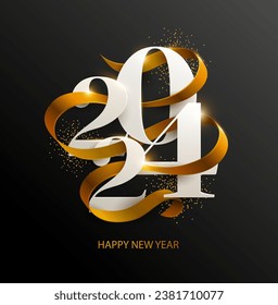 New Years 2024. Greeting card with date and golden ribbon on black background. Festive lettering design. The image was created without the use of any form of AI.