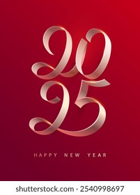 New Years 2025. Christmas calligraphic inscription. White ribbon on red background. Classic elegant numbering design.