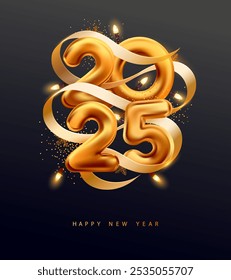 New Years 2025. Christmas greeting card design with golden numbers, ribbon and garland. Realistic vector illustration.