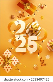 New Years 2025. Festive banner design with 3D numeral, ribbon, gift boxes and christmas decoration. Realistic vector template.