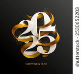 New Years 2025. Greeting card with date and golden ribbon on black background. Festive lettering design. The image was created without the use of any form of AI.