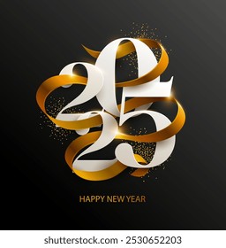 New Years 2025. Greeting card with date and golden ribbon on black background. Festive lettering design. The image was created without the use of any form of AI.