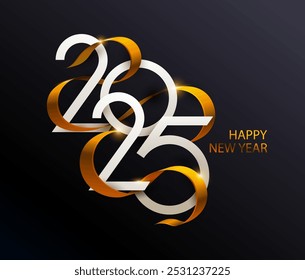 New Years 2025. Greeting card with white numbers and golden ribbon on black background. Modern elegant numbering design.