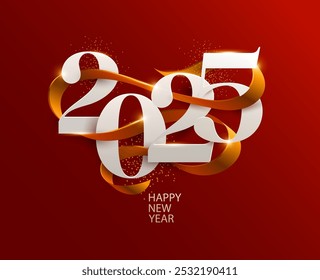 New Years 2025. Greeting card with date and elegant ribbon on orange background. Festive lettering design.