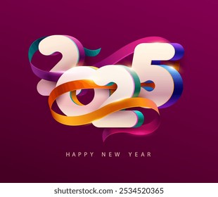 New Years 2025. Greeting card with white numbers and colorful ribbons. Modern elegant numbering design.