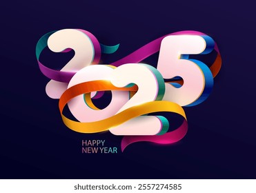 New Years 2025. Greeting card with multicolored numbers and ribbons. Modern elegant numbering design.