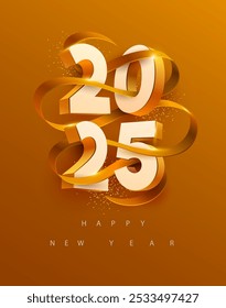 New Years 2025. Greeting poster with numbers and golden ribbon on dark background.