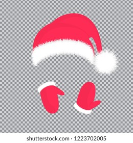 New Year's accessories. Hat Santa Claus and mittens.
