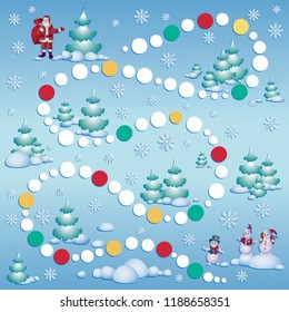 New Year's adventures of snowmen in the winter forest. Who is first? Visual board game. Snowmen in the style of cartoon characters.