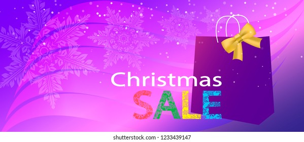 New Year's advertising lilac banner. Christmas sale, lilac gift bag.