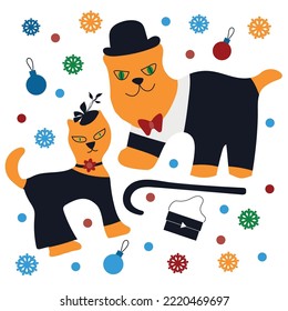 Juego de arte de Año Nuevo con elegantes gatos graciosos, copos de nieve, estrellas, bolas de Navidad. 
Naranja, Negro, Blanco, Rojo. С puede utilizarse para el diseño de postales, papel de embalaje, scrapbooking, invitación 