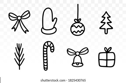 New Year's attributes. Christmas and new year symbols. Holiday decoration. Hand-drawn Christmas icons. New year collection icons. Winter toys. Fir-tree, gift, bell, candy, mitten, bow, sprig. 
