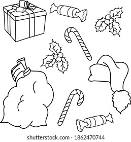 New Year's attributes. Santa hat, mistletoe, candy, bag and gift