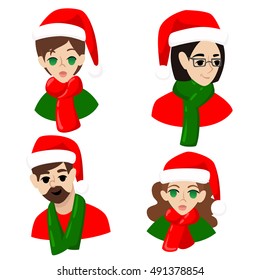 New Year's avatars for social networks. People in Santa Claus's caps girl guy man Merry Christmas!