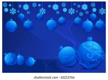 New year's background with baubles and lines, vector illustration in blue background