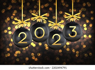 New Year's background with bokeh, black Christmas toys with a gold number 2023.