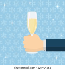 New Years background with champagne glass in hand and snowflakes, illustration.