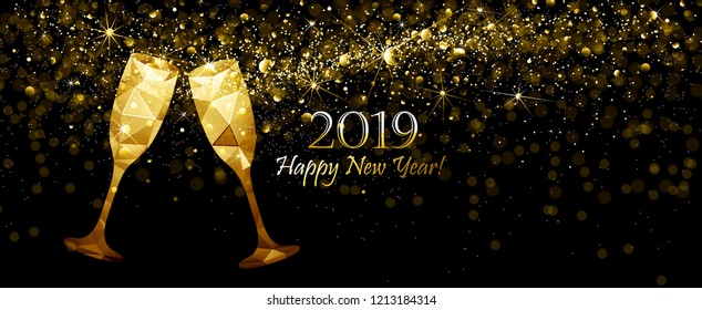 New Year's background with Champagne Low Poly and Flickering Lights. Vector illustration