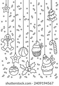 New Year's background, Christmas decorations, Christmas sweets. Background, coloring page. Black and white vector illustration.