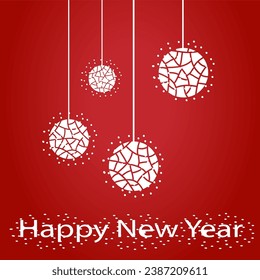 New Year's background consisting of white New Year's balls on a red background with snow.