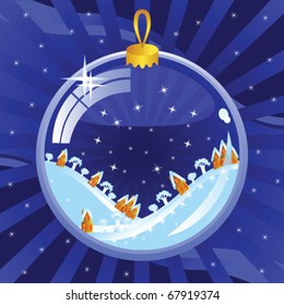 New Year's background dark blue. Glass bowl. Inside it, a winter night scenery. Hills and small Dutch houses.