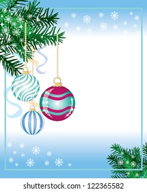 New years background from the fir paws, balls and snowflakes