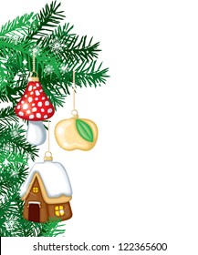 New years background from the fir paws, balls and snowflakes