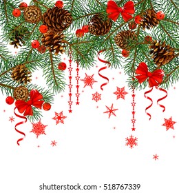 New Year's background - a garland of fir branches, bow, greeting card, invitation . festive background . Vector illustration . 
Spruce. Fir. Fir Cone. Rowan Berries. 