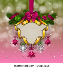 New Year's background - a garland of fir branches, frame, gift, ribbons, bow, stars, place for text. Christmas festive bokeh background for greeting card, invitation. Vector illustration EPS10.