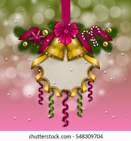 New Year's background - a garland of fir branches, bow, balls, baubles, lollipops, serpentine, bells, frame for greeting card, invitation. Christmas festive bokeh background. Vector illustration EPS10