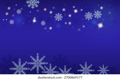 A New Year's background with graceful white snowflakes on a blue background. This wintery holiday illustration features a soft glow and sparkles, perfect for Christmas cards, banners, and holiday desi