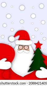 New Year's background for a greeting card. Fat Santa Claus with a beard, glasses, white mittens carries a Christmas tree, a red bag with gifts. White mustache, a star on a pine tree.